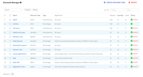 Event discount code controls