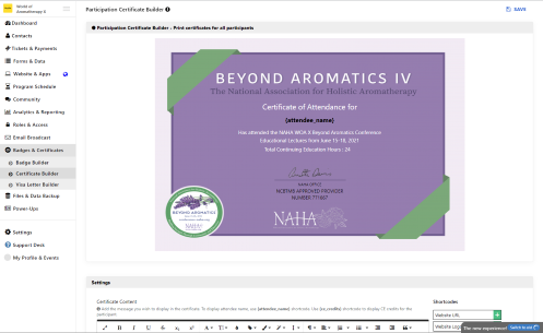 Participation certificate builder for a virtual event