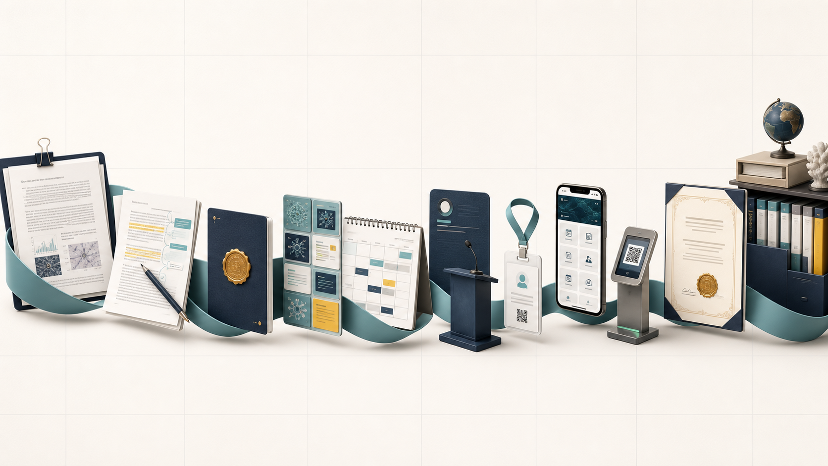 Illustration connecting manuscripts, peer review, scheduling, event check-in, certificates and a research archive